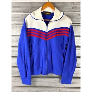 Vintage 70s 80s Tennis Track Jacket Mens L/M Blue White Red Stripe Zip Up Korea